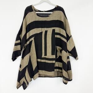 Transparente Linen Asymmetrical Lagenlook 3/4 Sleeve Top Black Tan Women's Large